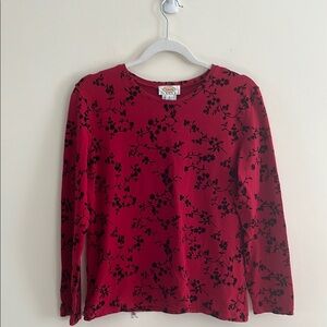 Talbots Floral Long‎ Sleeve Tee Red Black Velvet Gothic Whimsygoth Casual M Vtg